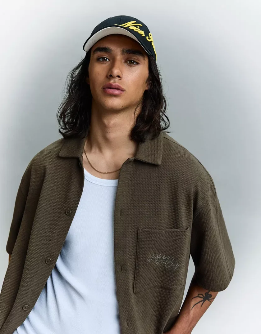 Bershka Seamed Short Sleeve Shirt — Olive