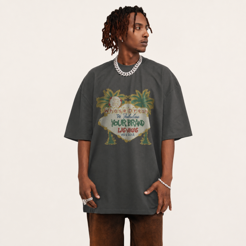 Pullshka Palm Print Retro Tee — Silver