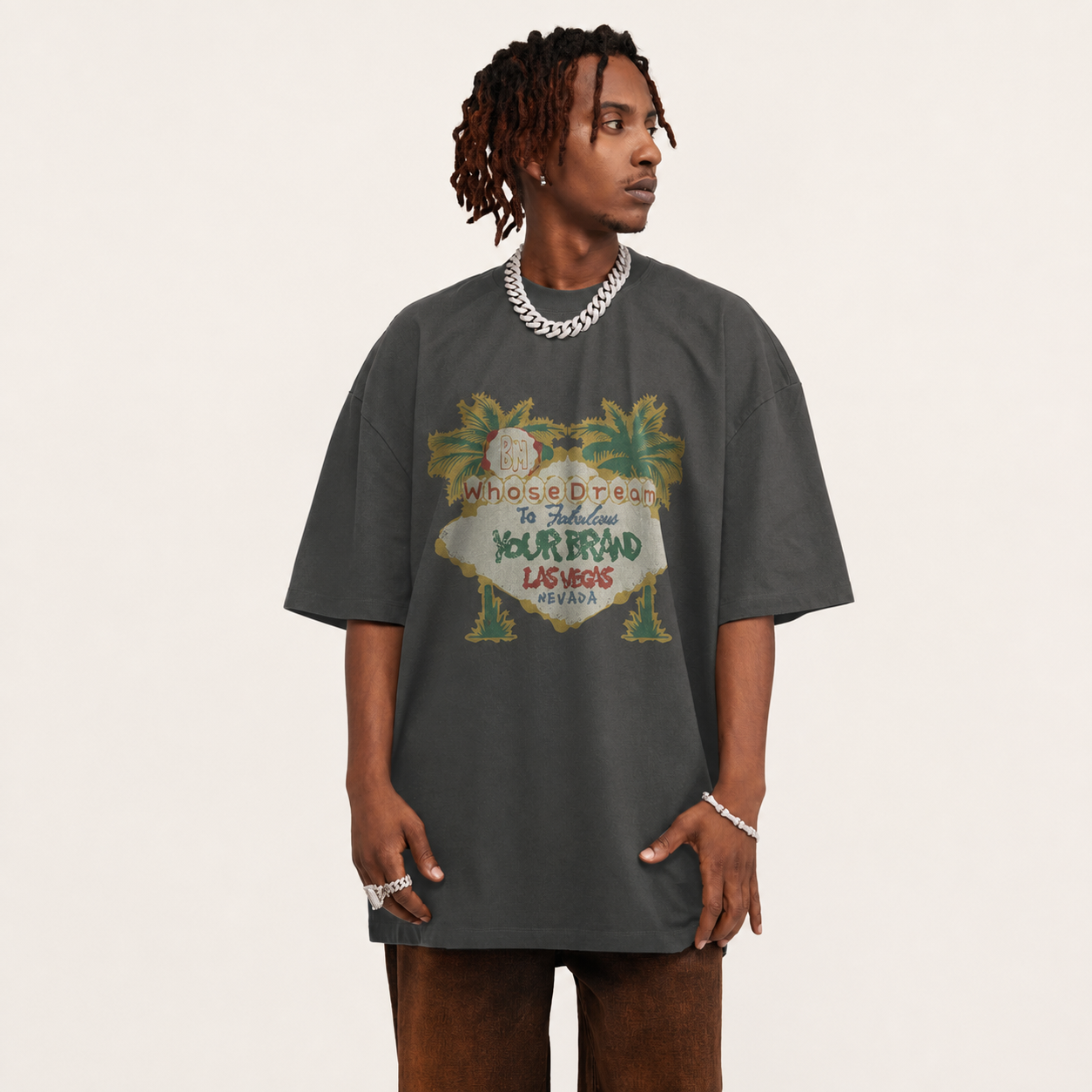 Pullshka Palm Print Retro Tee — Silver