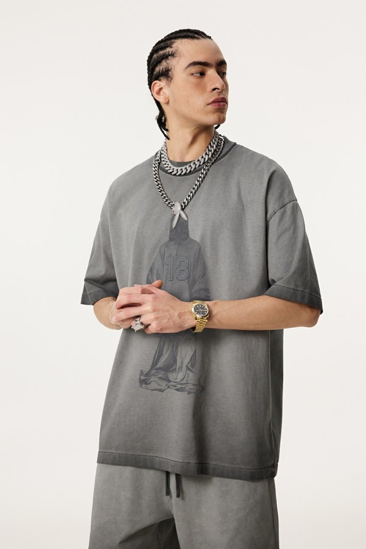 Pullshka Reverse-Dye Graphic Tee — Silver