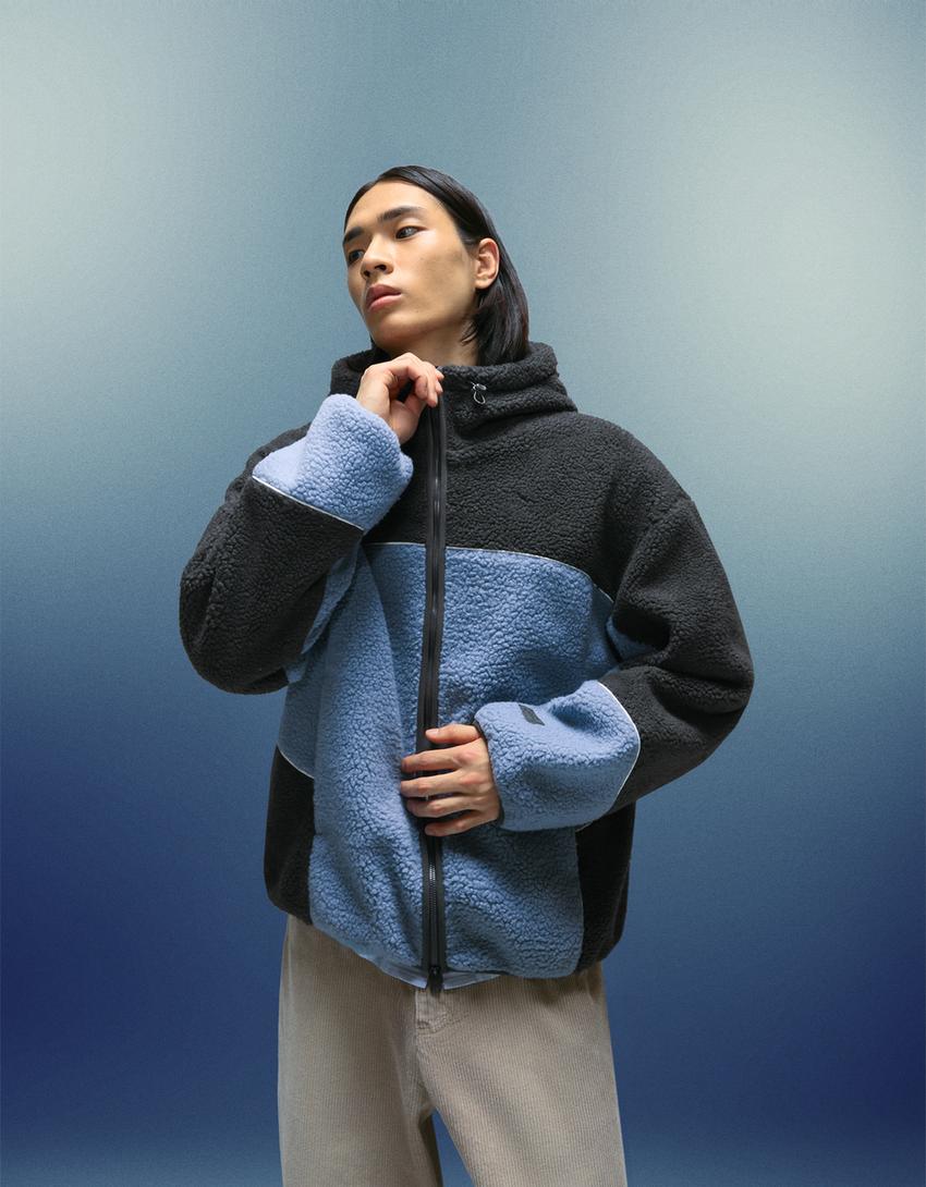 Bershka Faux Fur Bomber Jacket — Blue