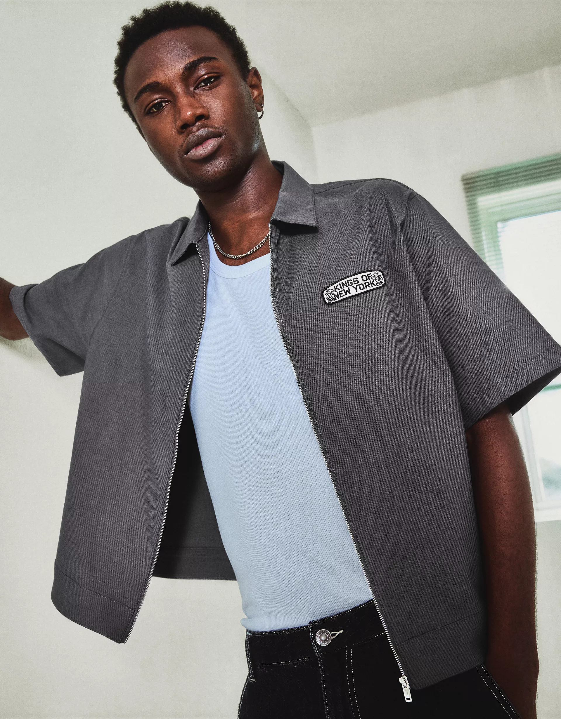 Bershka Embroidered Zip Shirt — Dark Grey