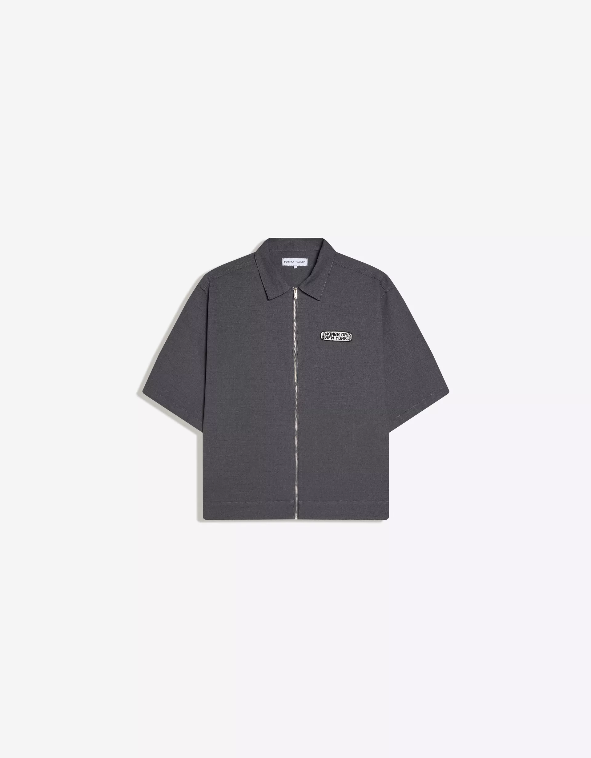 Bershka Embroidered Zip Shirt — Dark Grey