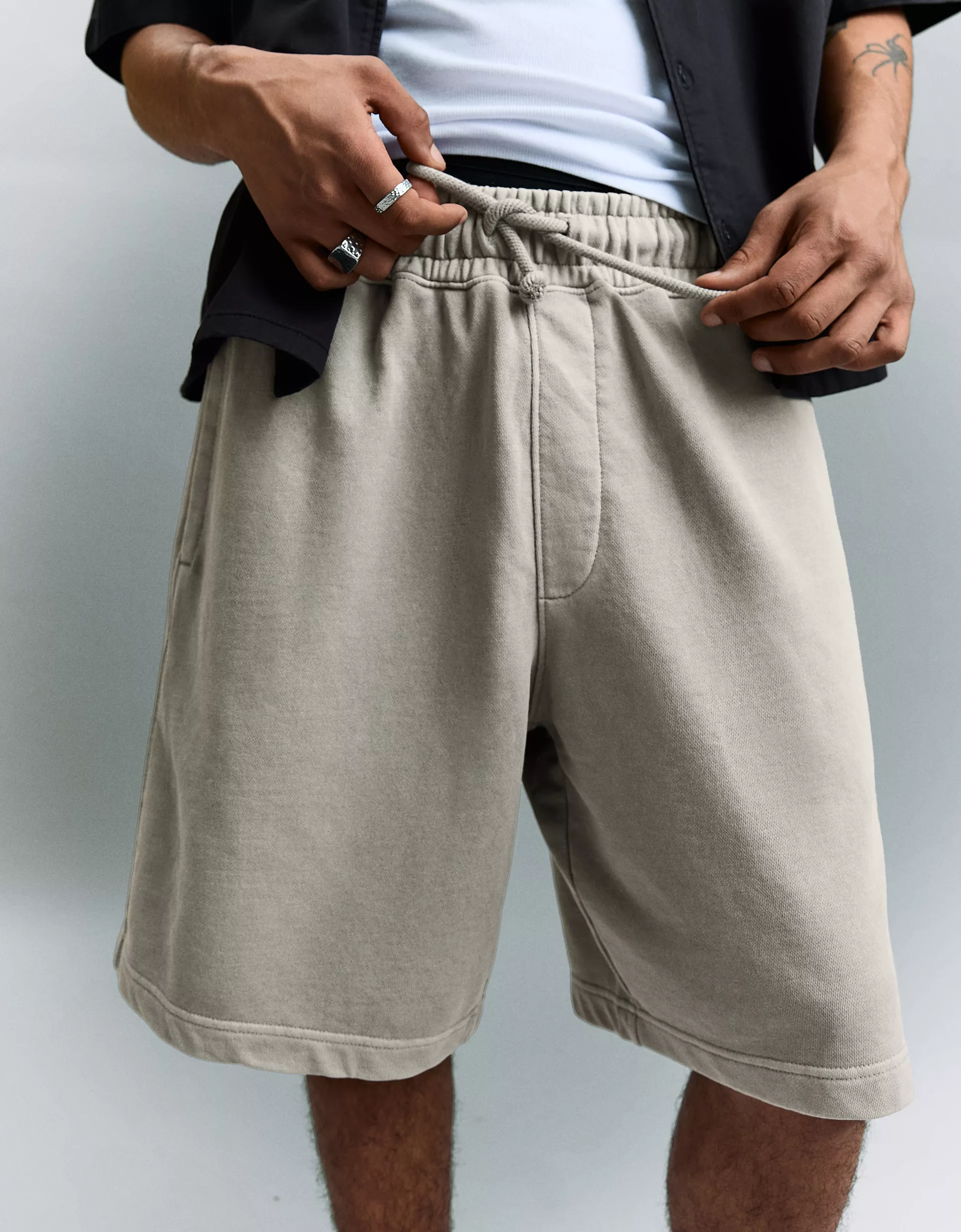 Bershka Boxy Printed Bermuda Shorts — Light Grey