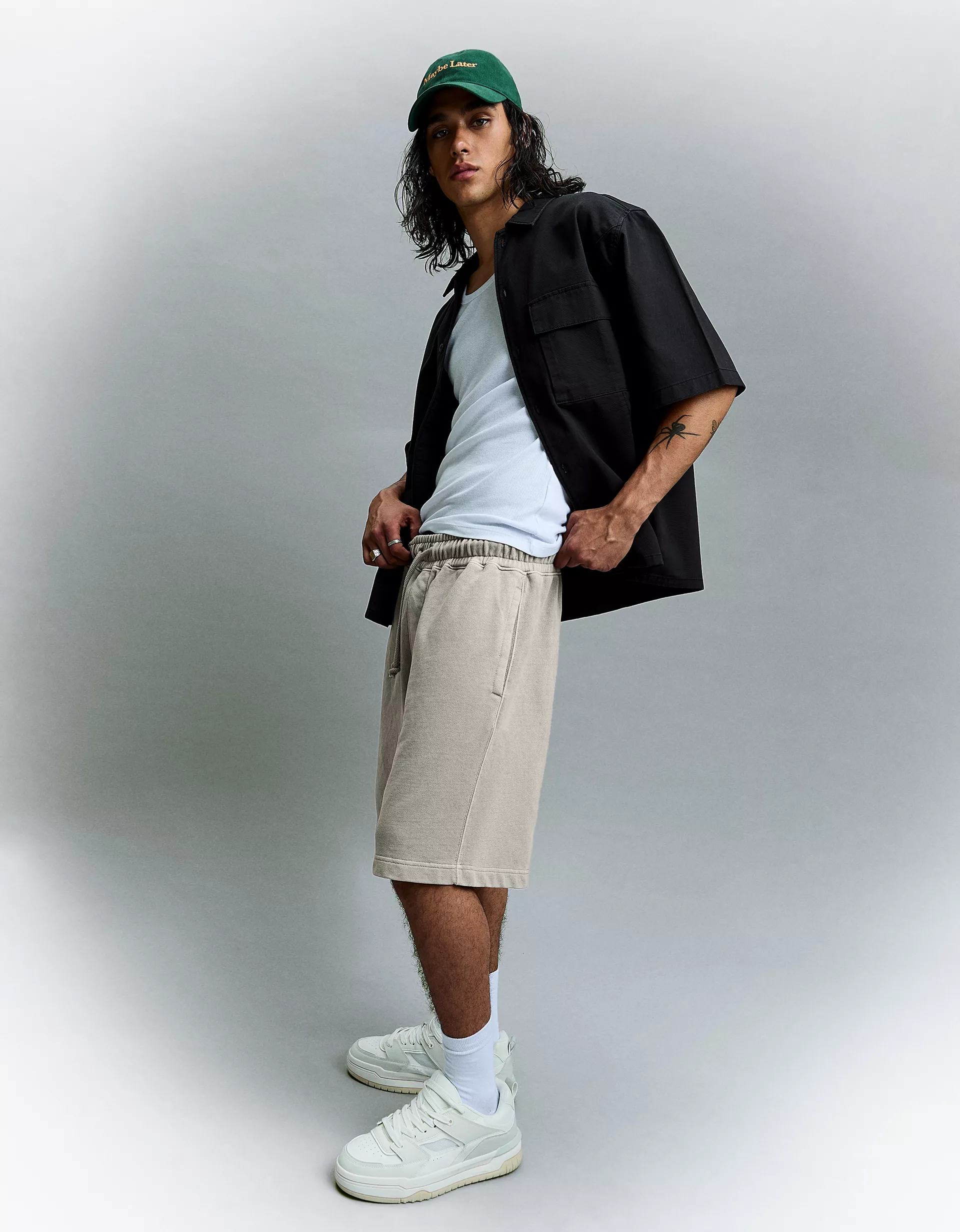Bershka Boxy Printed Bermuda Shorts — Light Grey