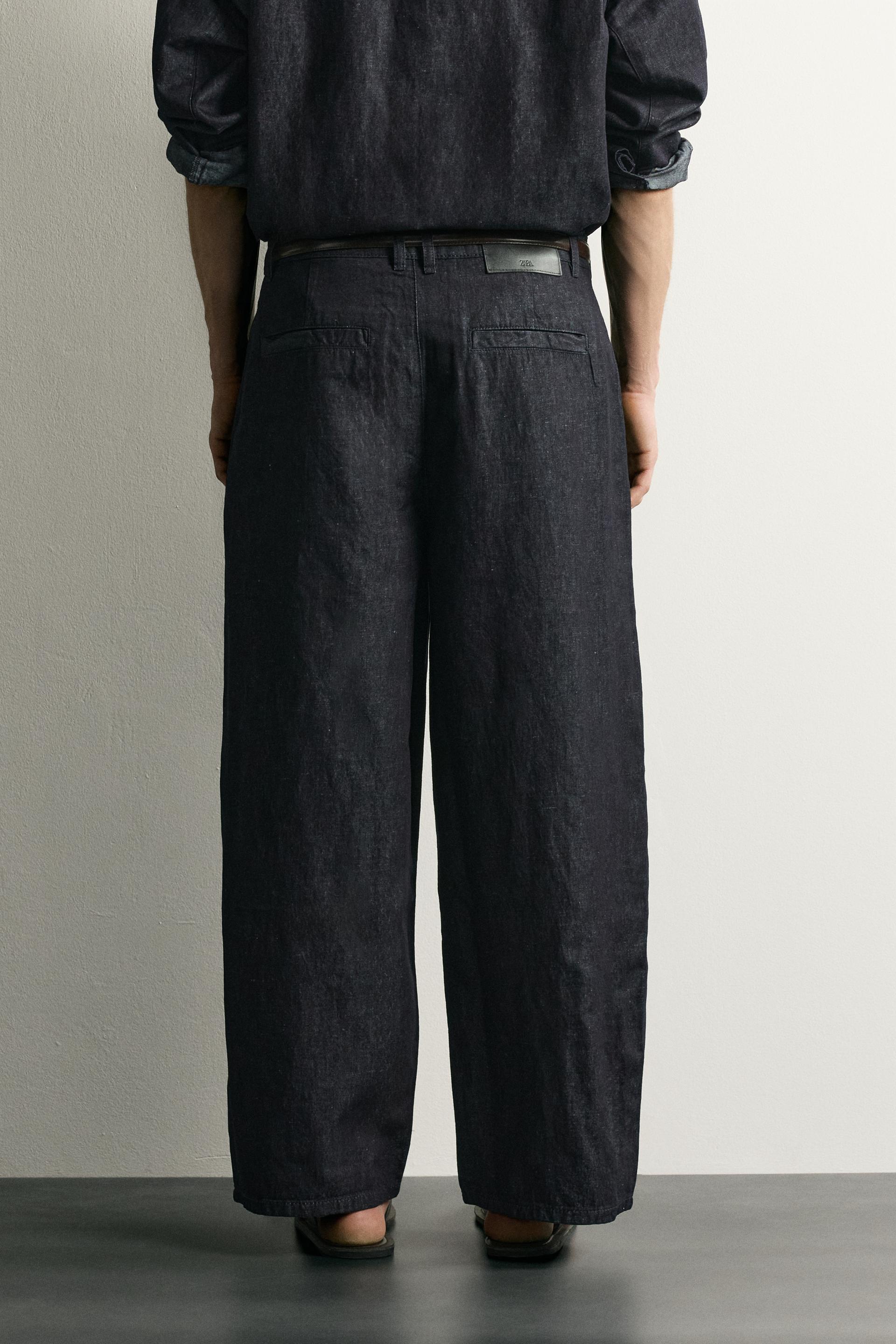 Zara COTTON-LINEN LIGHTWEIGHT DENIM CHINO TROUSERS — Navy