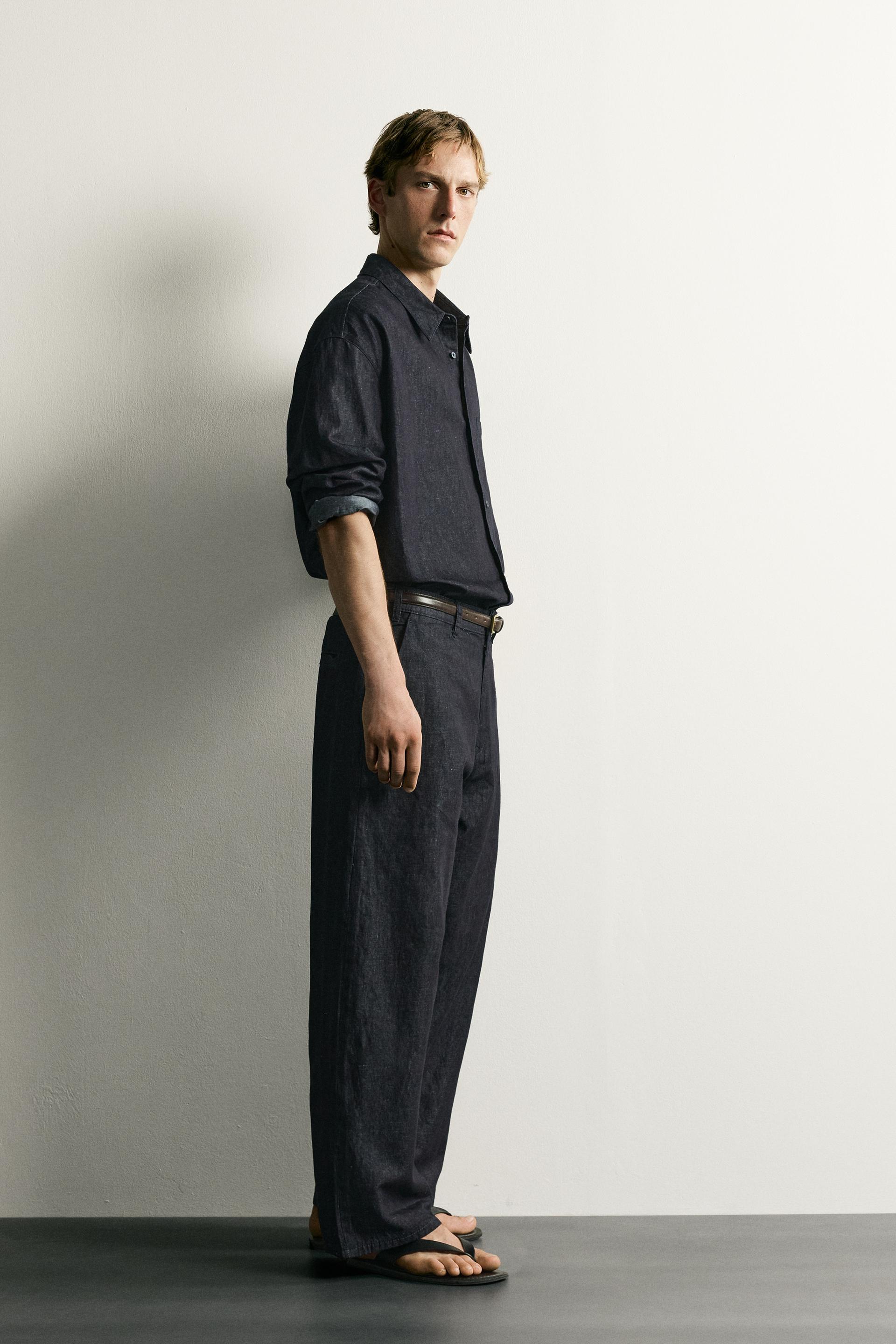 Zara COTTON-LINEN LIGHTWEIGHT DENIM CHINO TROUSERS — Navy