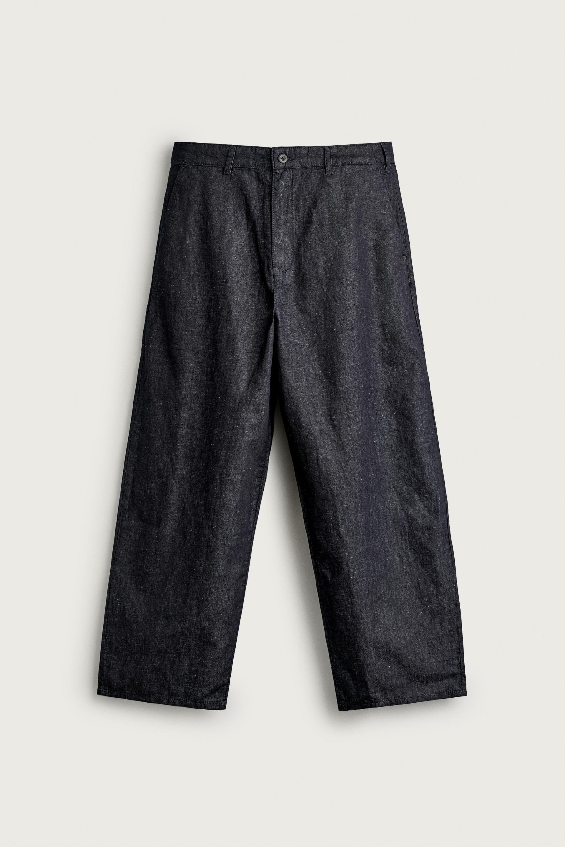 Zara COTTON-LINEN LIGHTWEIGHT DENIM CHINO TROUSERS — Navy
