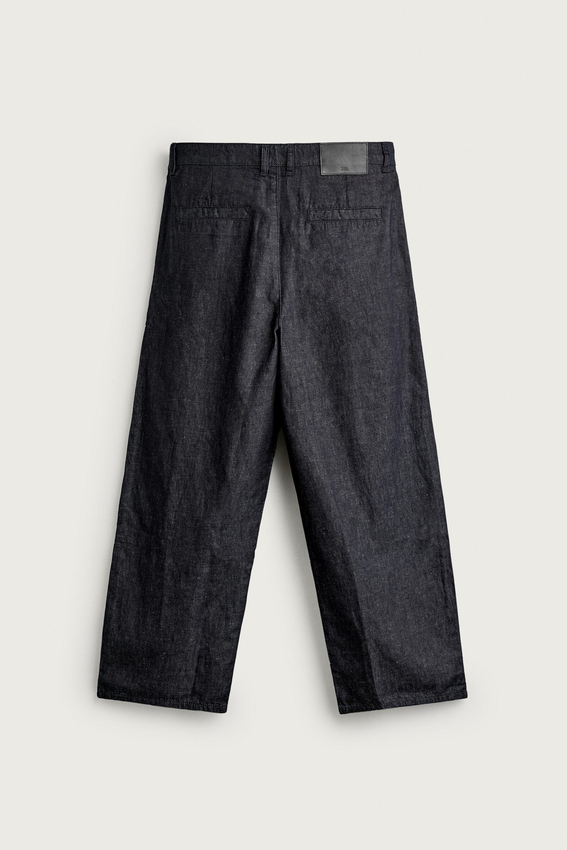 Zara COTTON-LINEN LIGHTWEIGHT DENIM CHINO TROUSERS — Navy