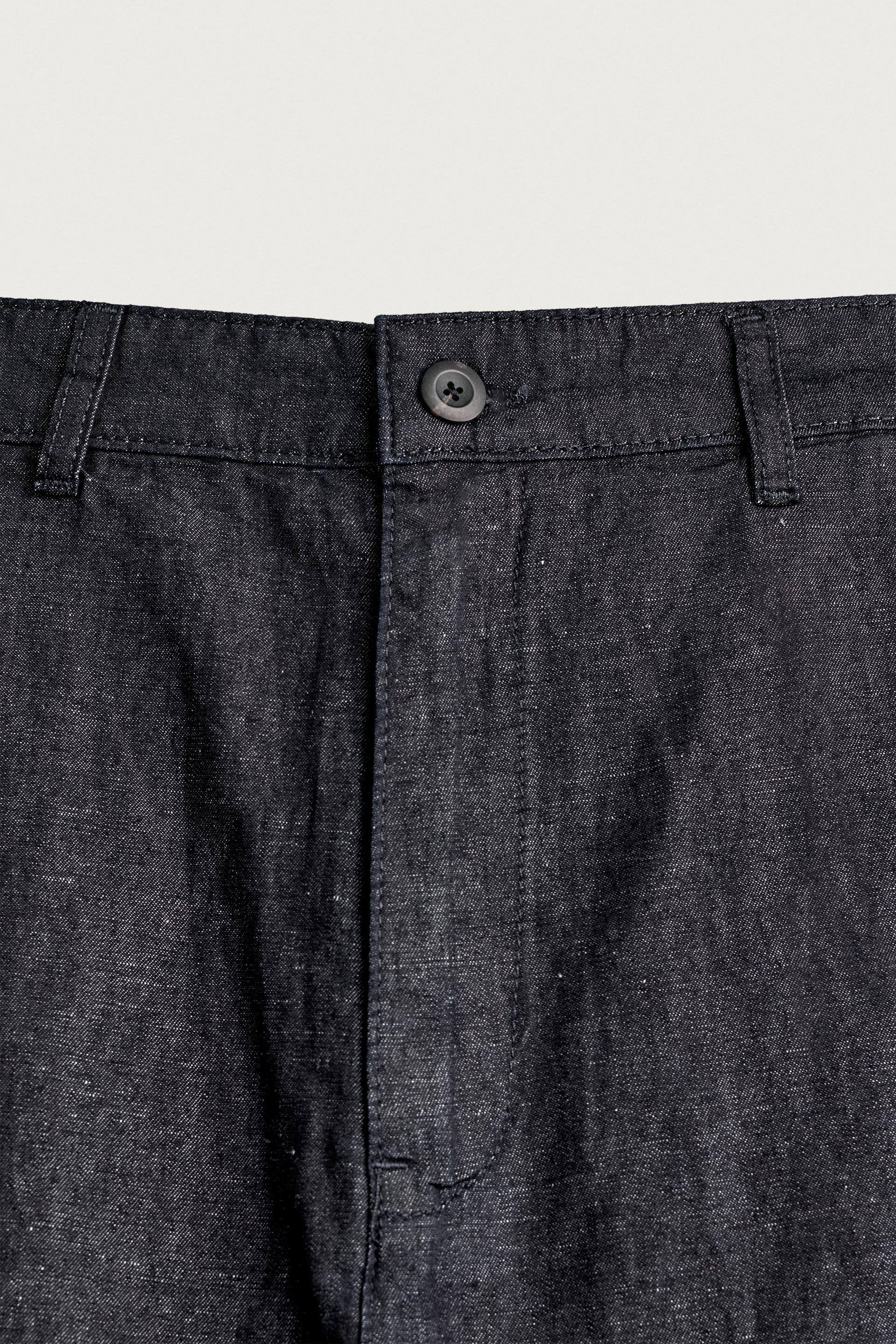 Zara COTTON-LINEN LIGHTWEIGHT DENIM CHINO TROUSERS — Navy