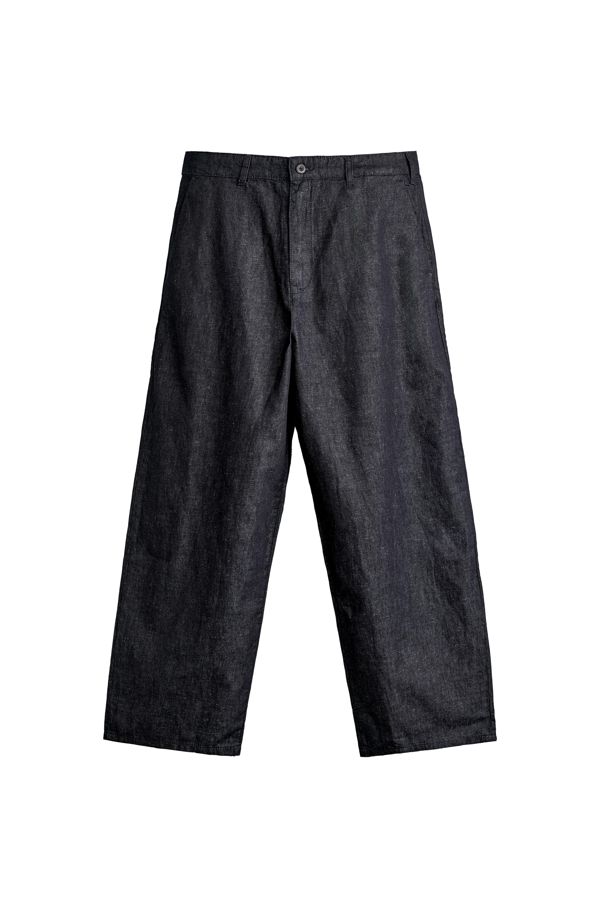 Zara COTTON-LINEN LIGHTWEIGHT DENIM CHINO TROUSERS — Navy