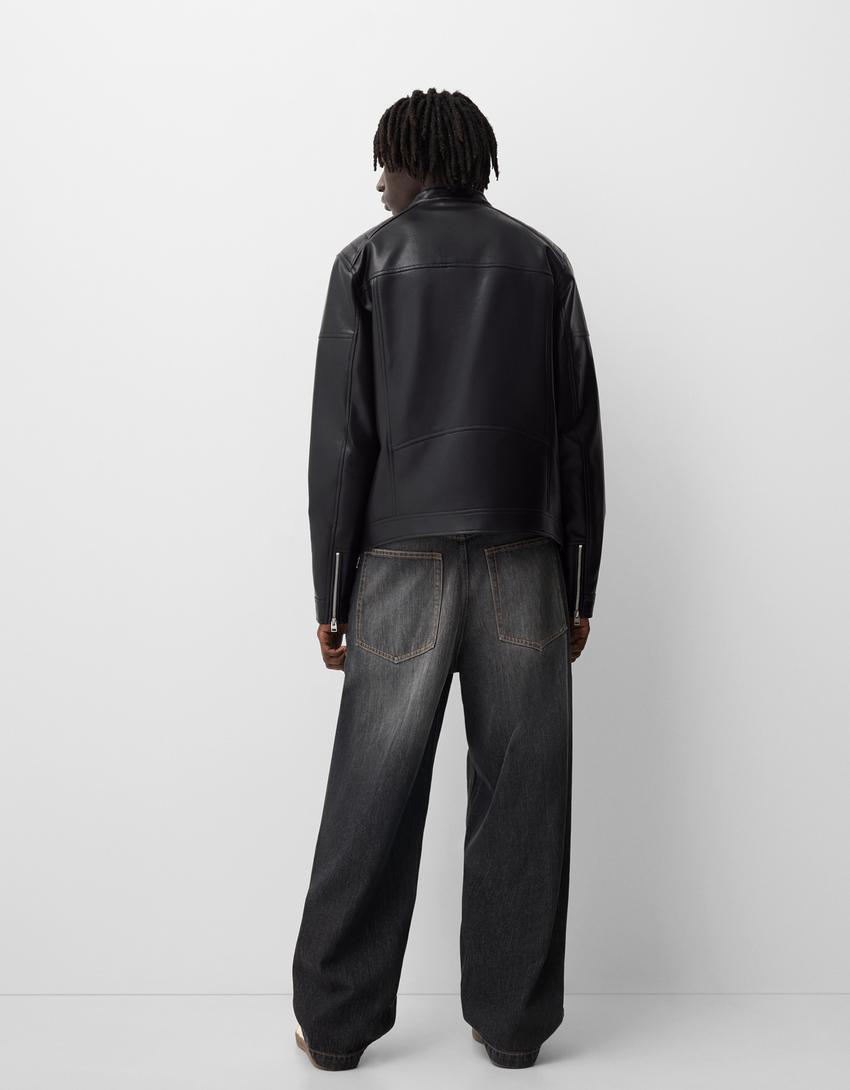 Bershka Black Leather Biker Jacket — black