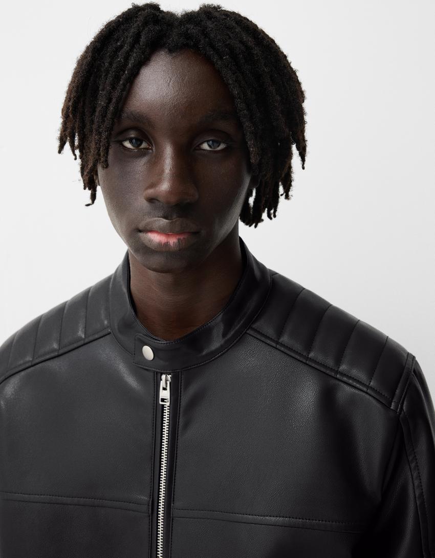 Bershka Black Leather Biker Jacket — black