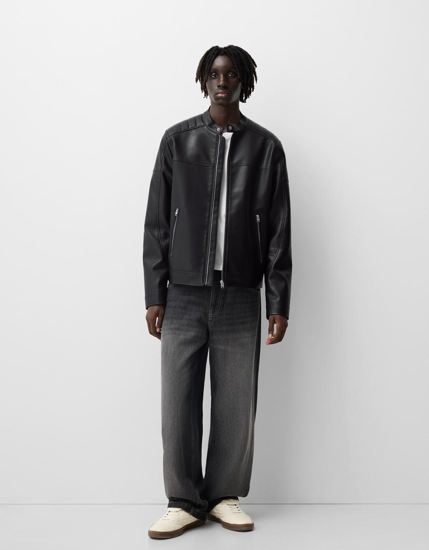 Bershka Black Leather Biker Jacket — black