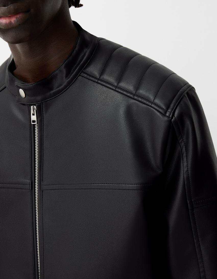 Bershka Black Leather Biker Jacket — black