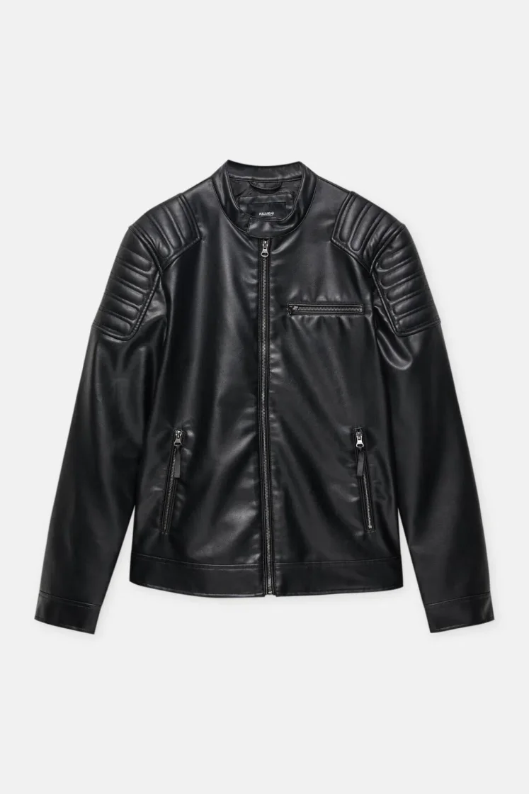 Pull&Bear Black Faux Leather Biker Jacket — Black