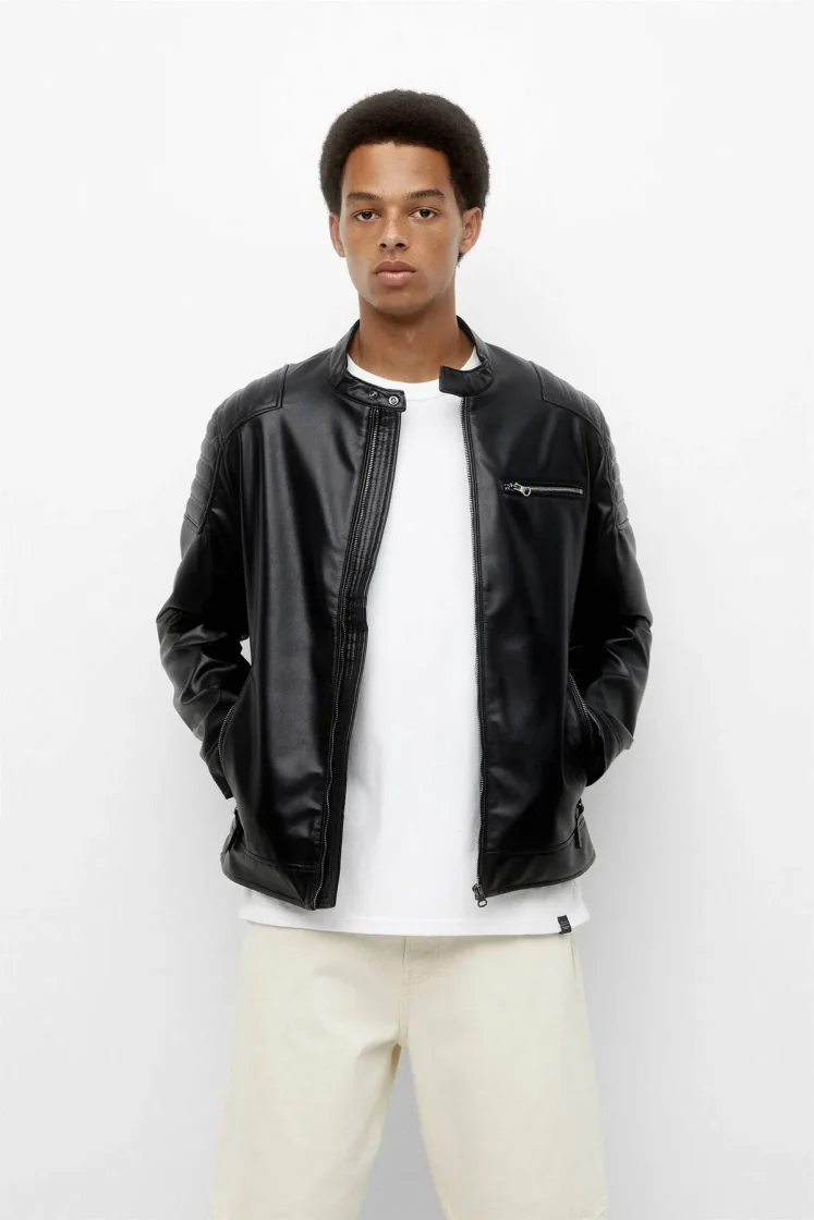 Pull&Bear Black Faux Leather Biker Jacket — Black