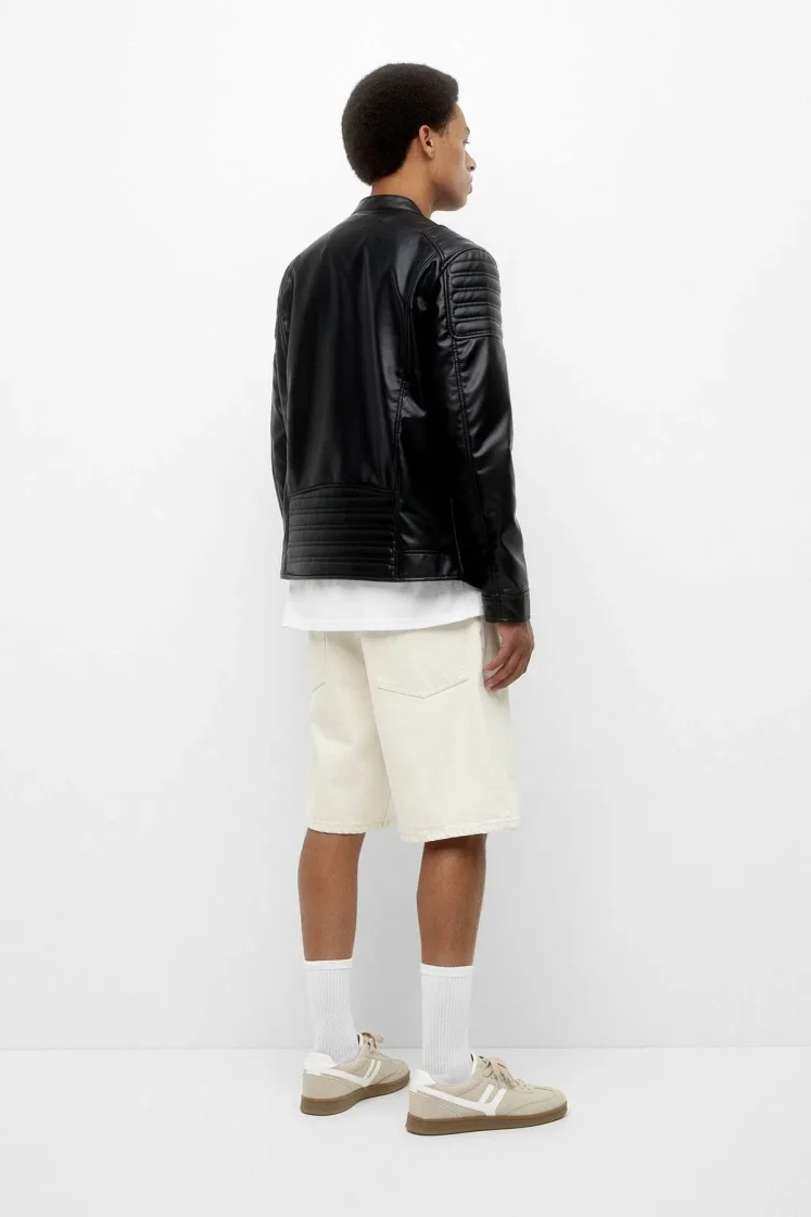 Pull&Bear Black Faux Leather Biker Jacket — Black