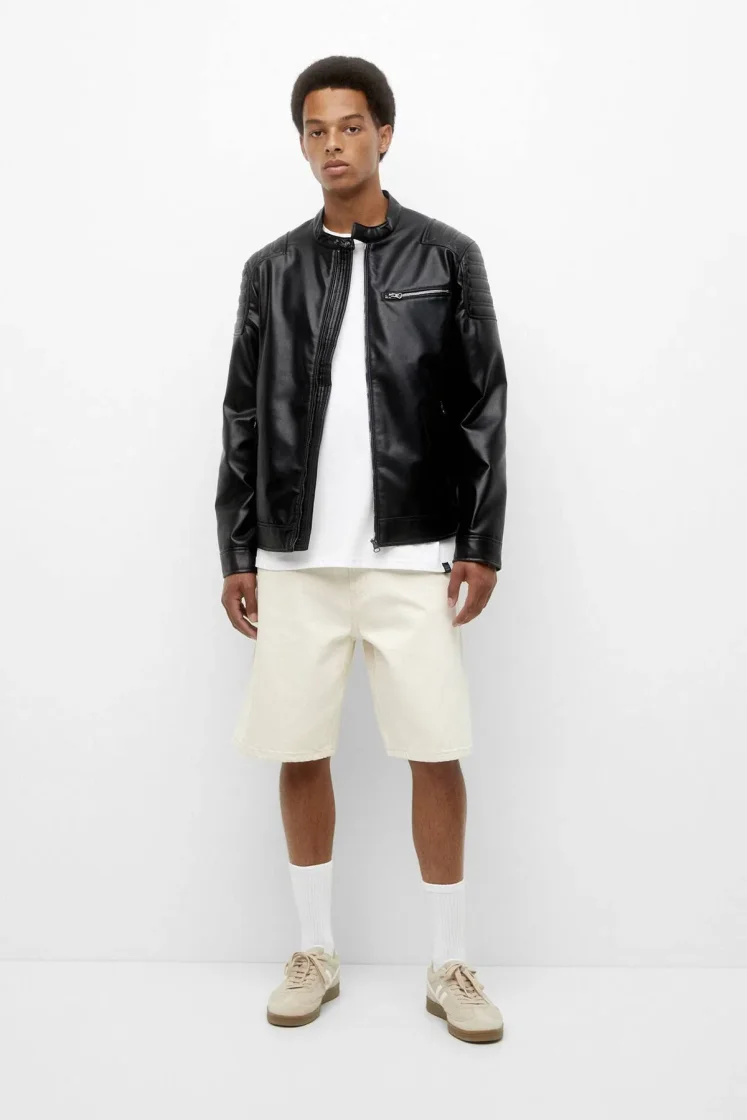 Pull&Bear Black Faux Leather Biker Jacket — Black