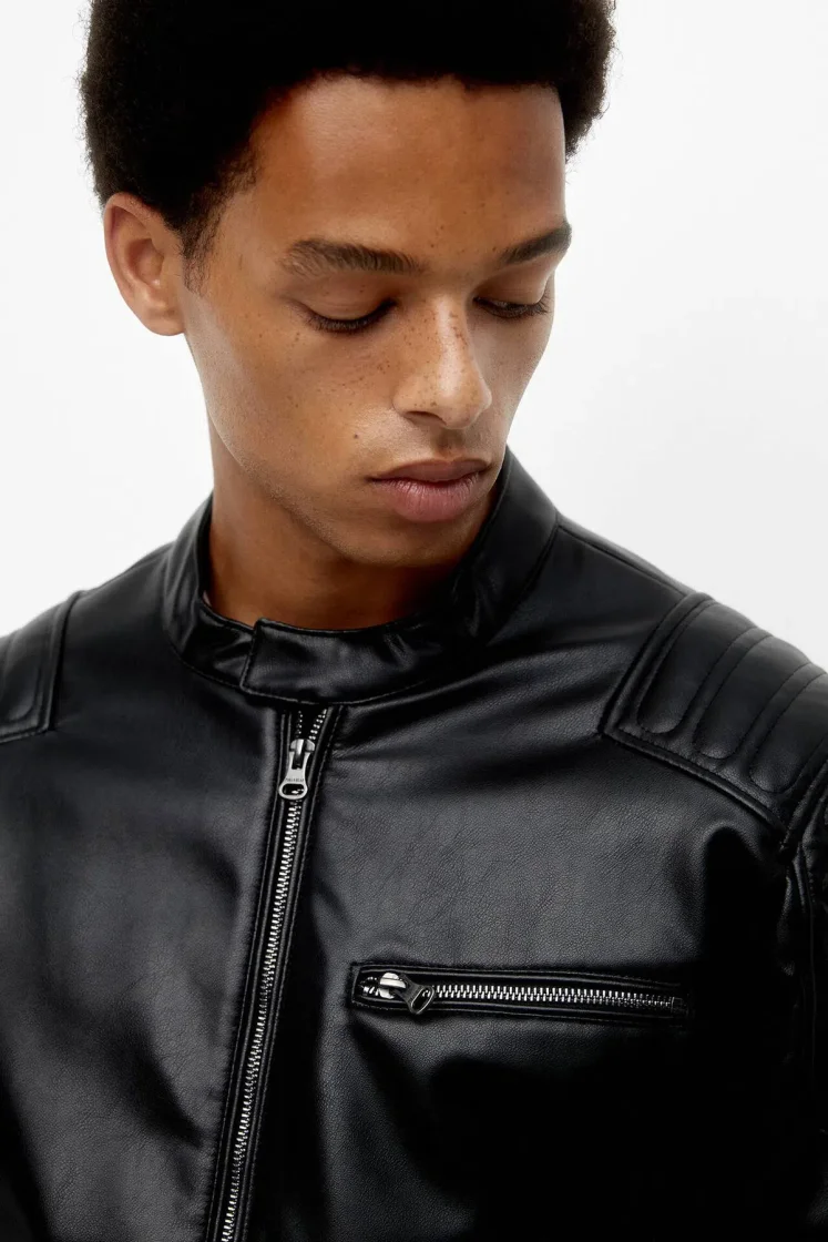 Pull&Bear Black Faux Leather Biker Jacket — Black