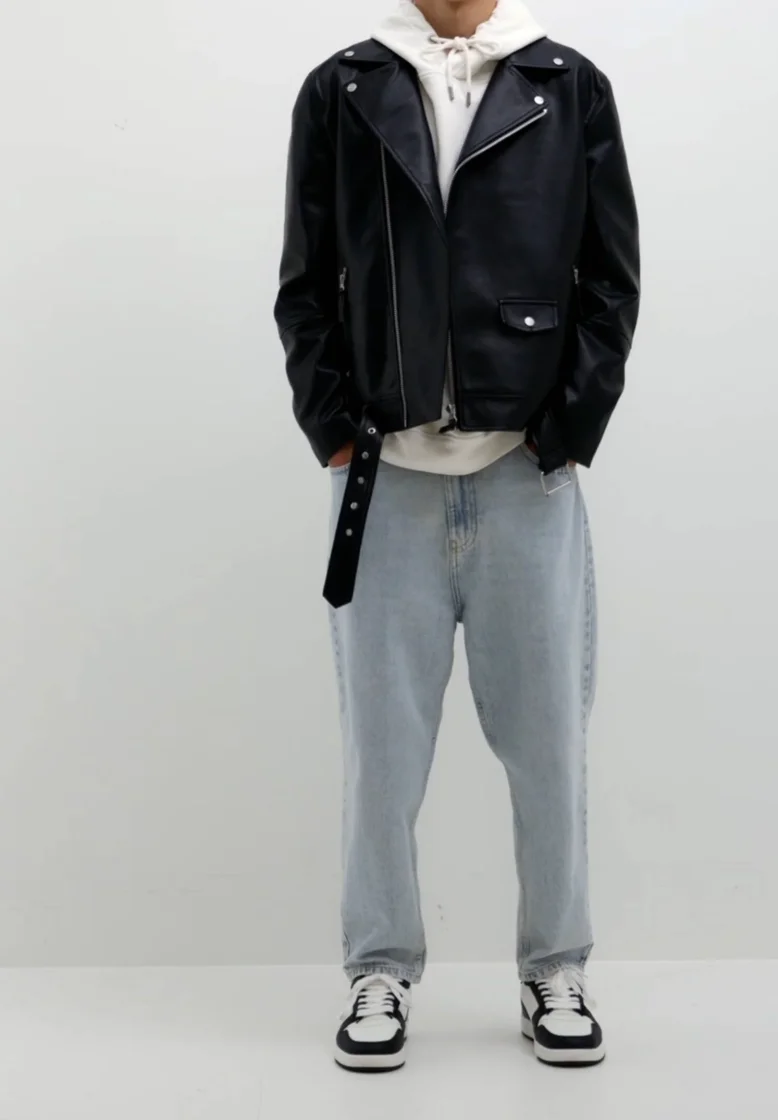 Mottled Black Faux Leather Jacke — Black