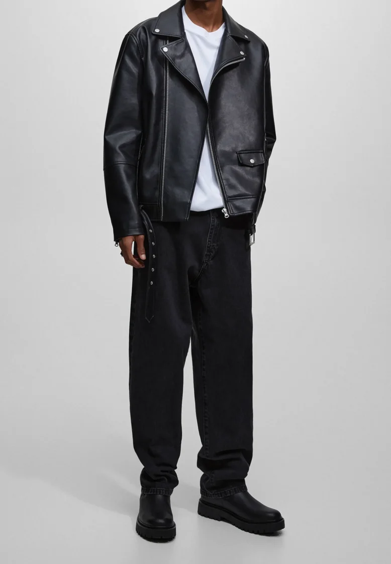 Mottled Black Faux Leather Jacke — Black