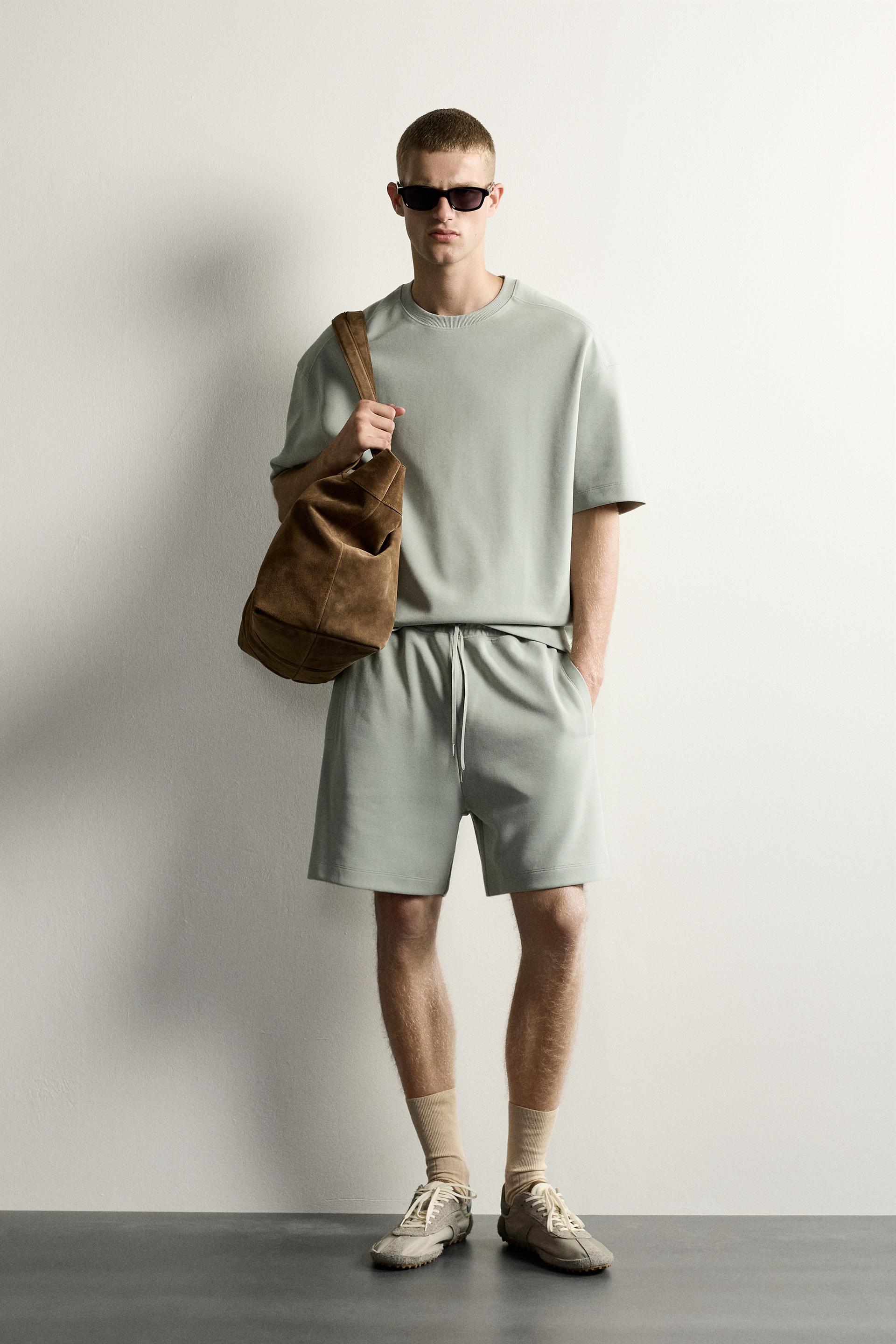 Zara SHORT DE JOGGING RELAXED FIT INTERLOCK — vert délavé