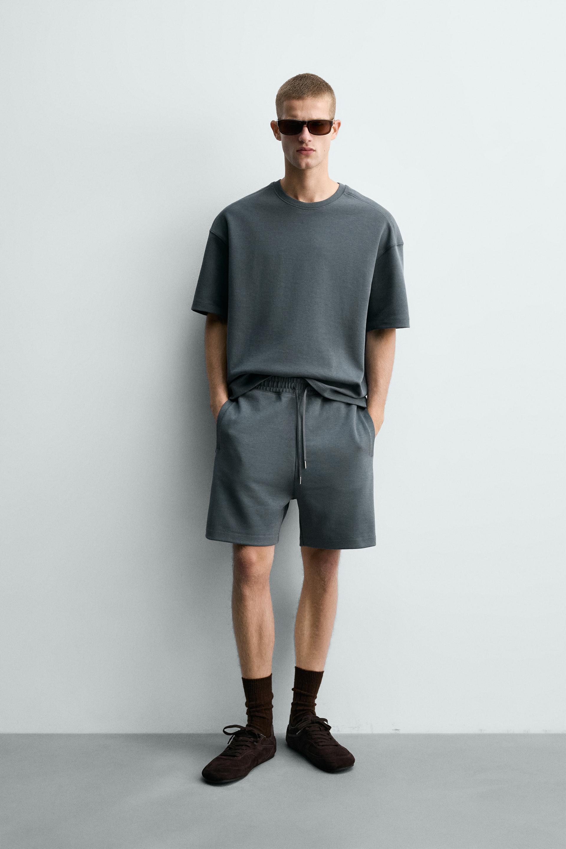 Zara SHORT DE JOGGING RELAXED FIT INTERLOCK — Bleu délavé