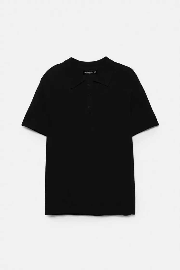 Pull&Bear Short sleeve knit polo shirt — Black