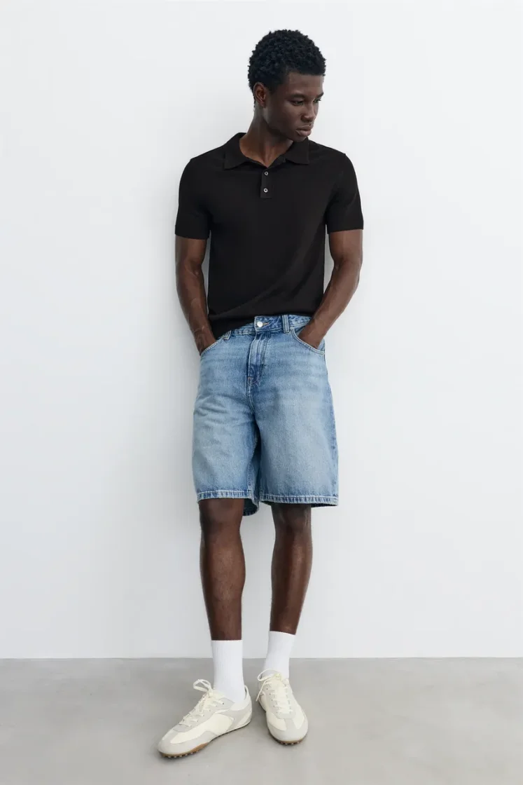 Pull&Bear Short sleeve knit polo shirt — Black