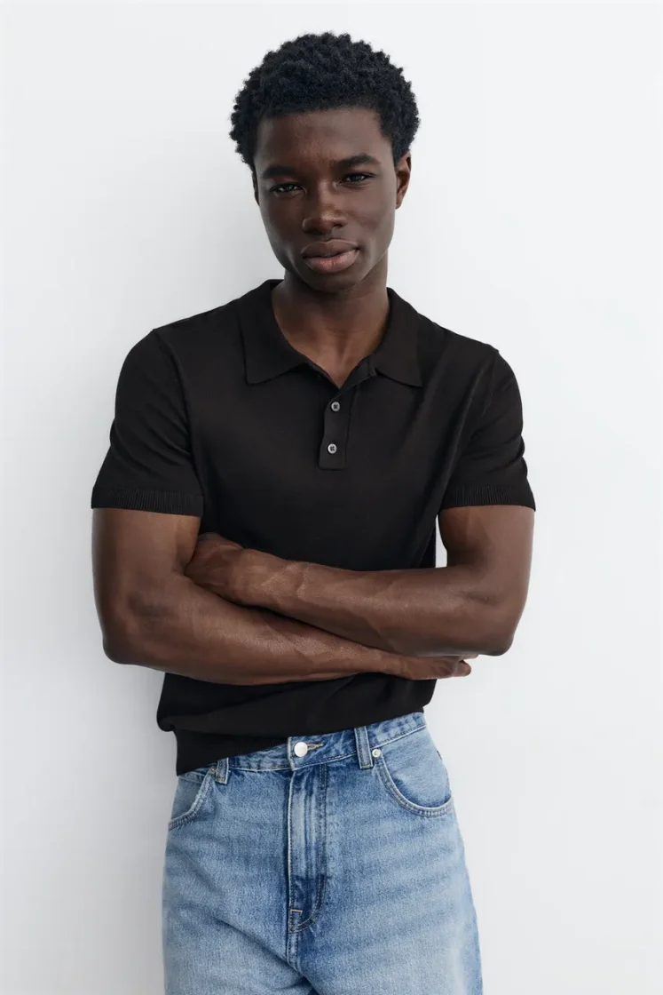 Pull&Bear Short sleeve knit polo shirt — Black