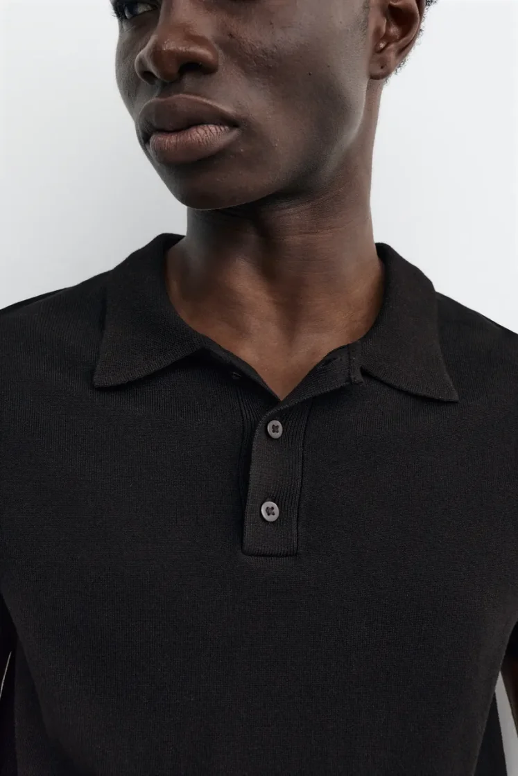 Pull&Bear Short sleeve knit polo shirt — Black