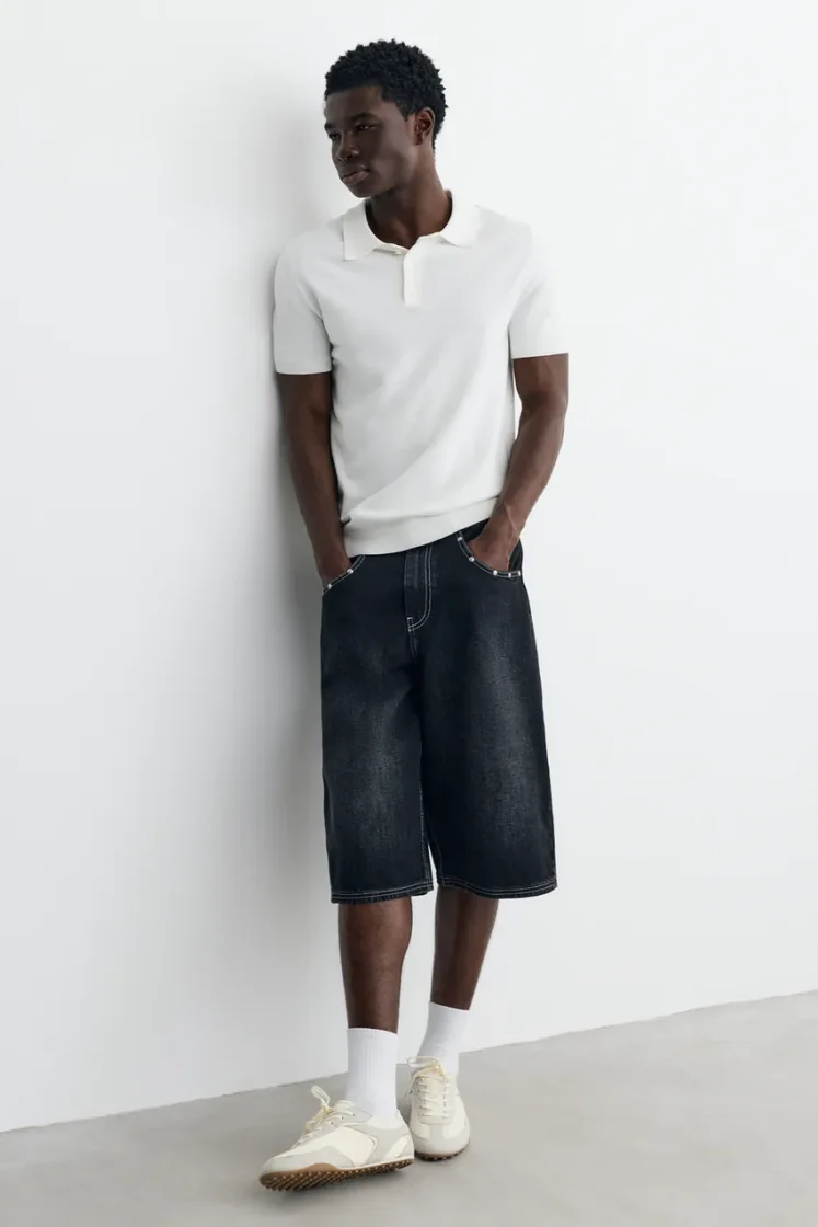 Pull&Bear Short sleeve knit polo shirt — Off White
