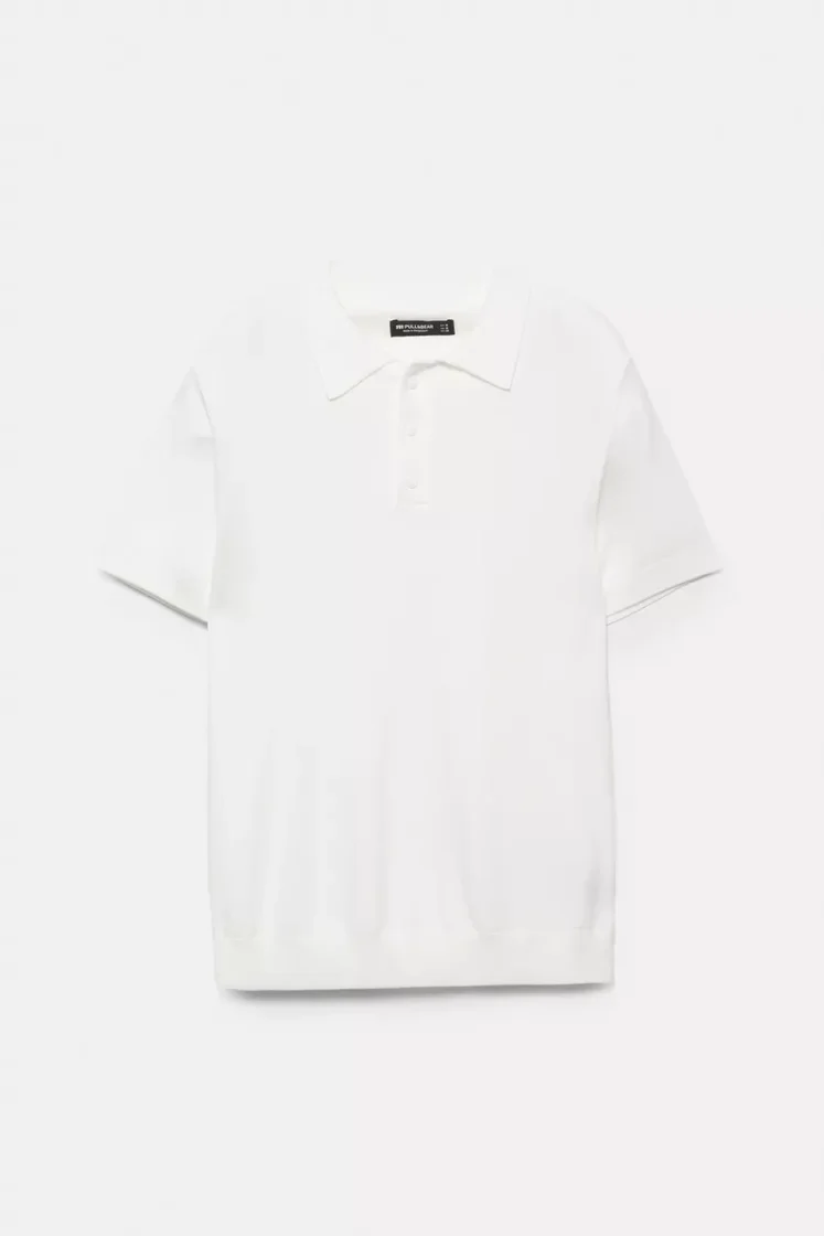 Pull&Bear Short sleeve knit polo shirt — Off White
