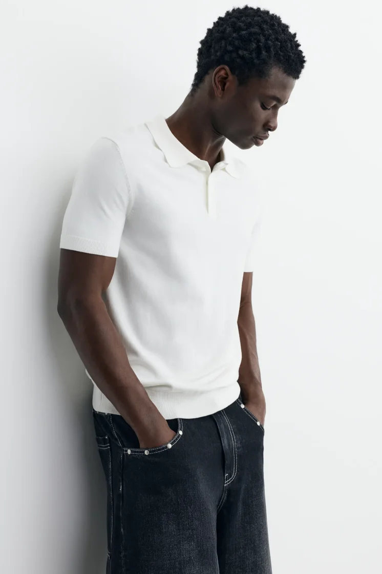 Pull&Bear Short sleeve knit polo shirt — Off White