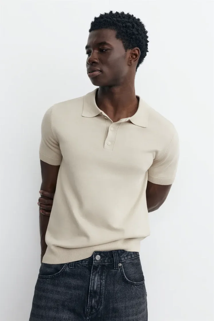 Pull&Bear Short sleeve knit polo shirt — Sand