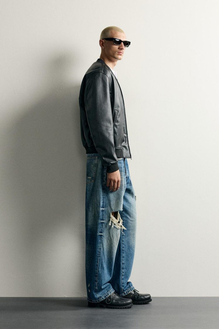 Zara Leather-Effect Bomber Jacket — Black
