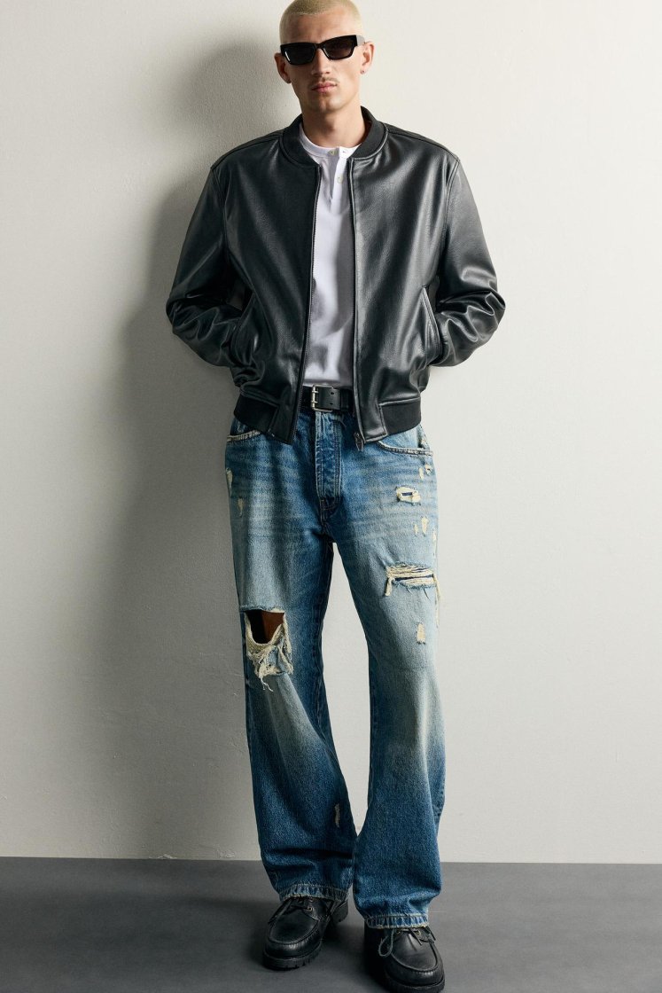 Zara Leather-Effect Bomber Jacket — Black