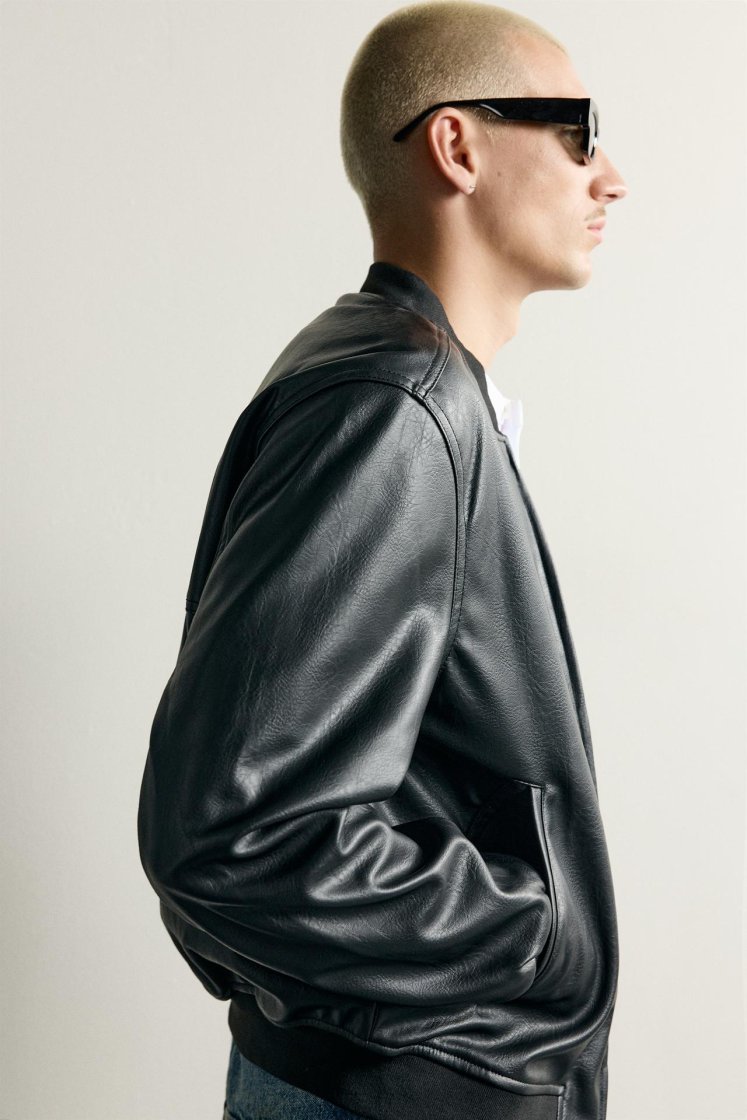 Zara Leather-Effect Bomber Jacket — Black