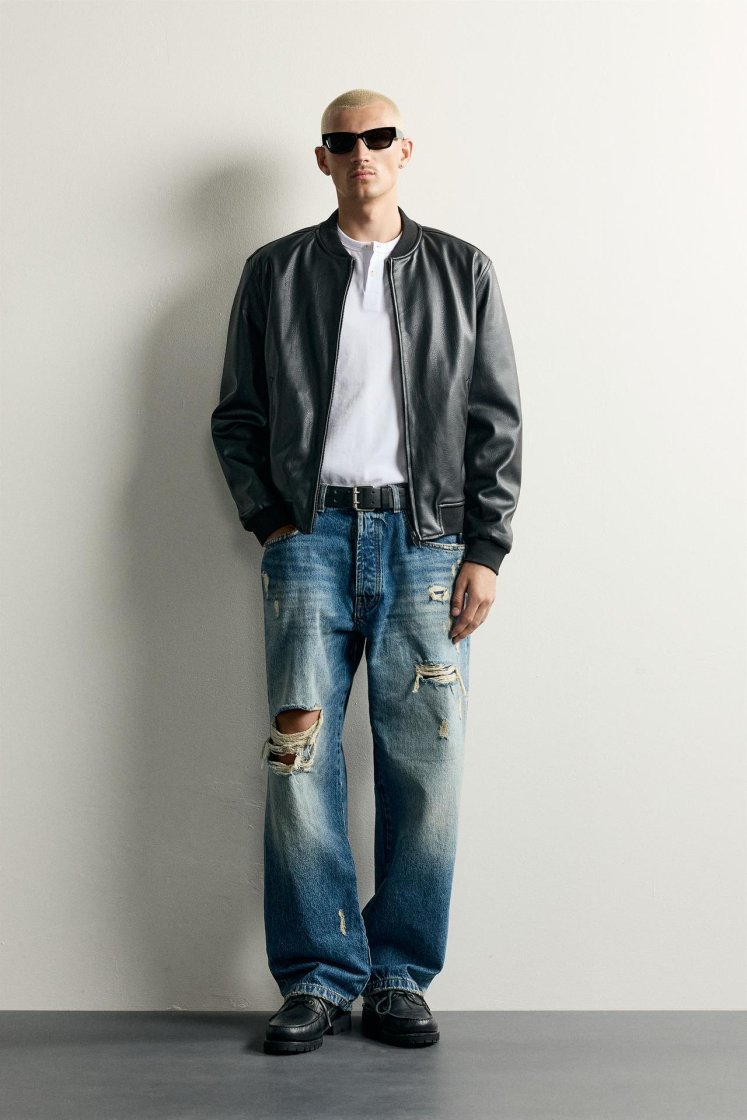 Zara Leather-Effect Bomber Jacket — Black