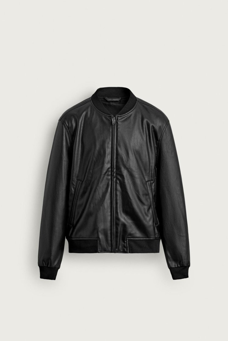 Zara Leather-Effect Bomber Jacket — Black