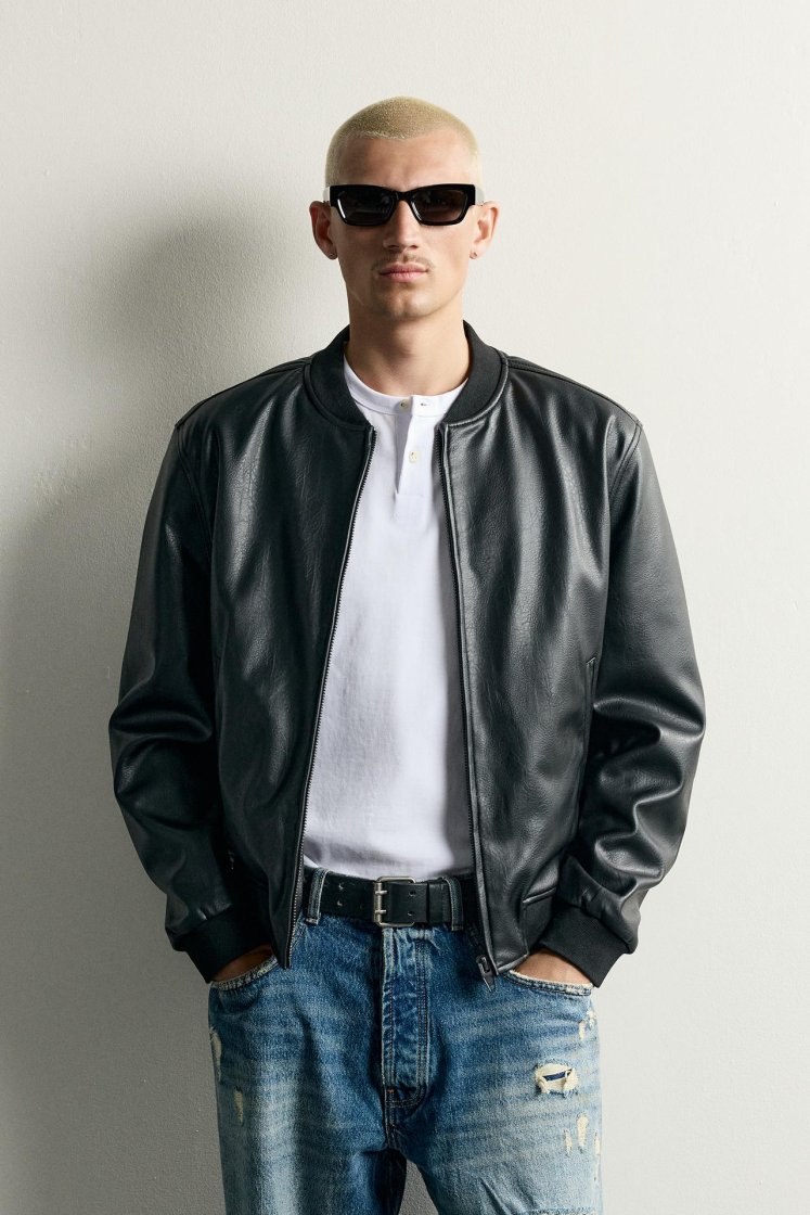 Zara Leather-Effect Bomber Jacket — Black