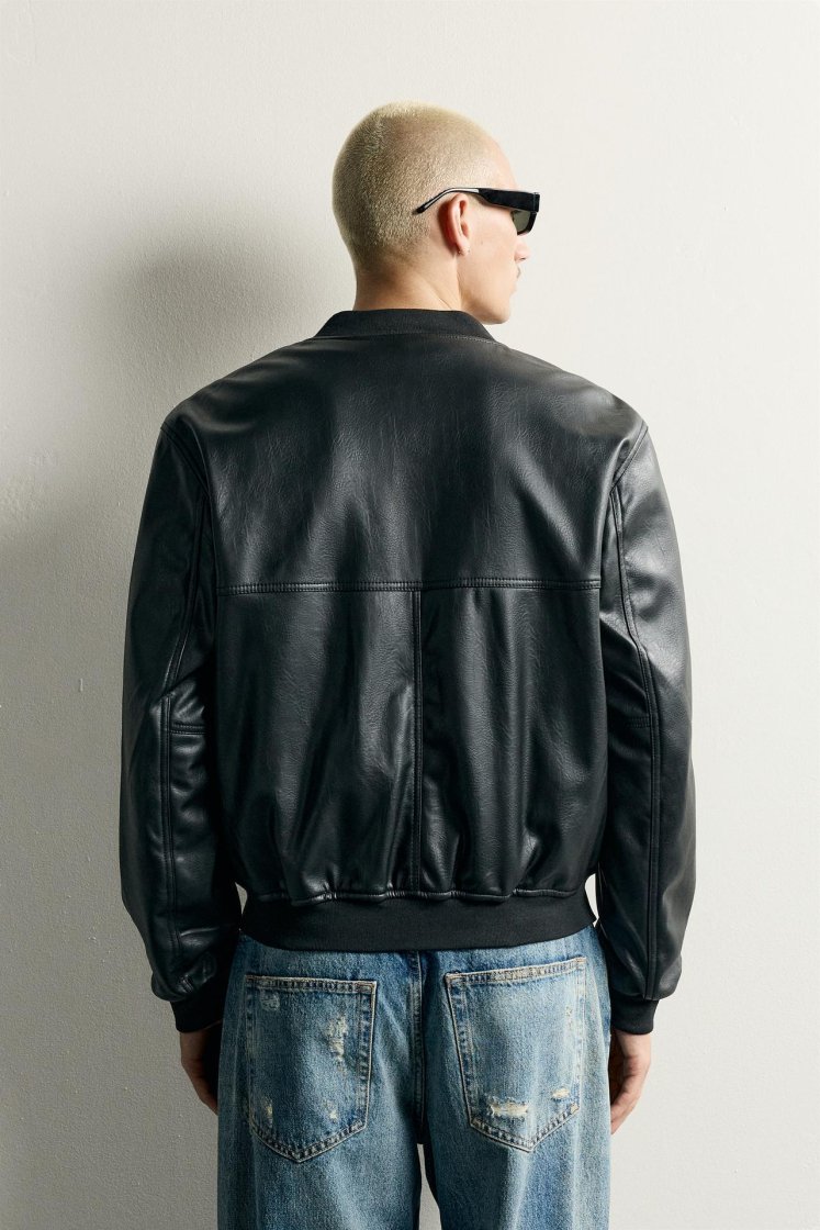 Zara Leather-Effect Bomber Jacket — Black