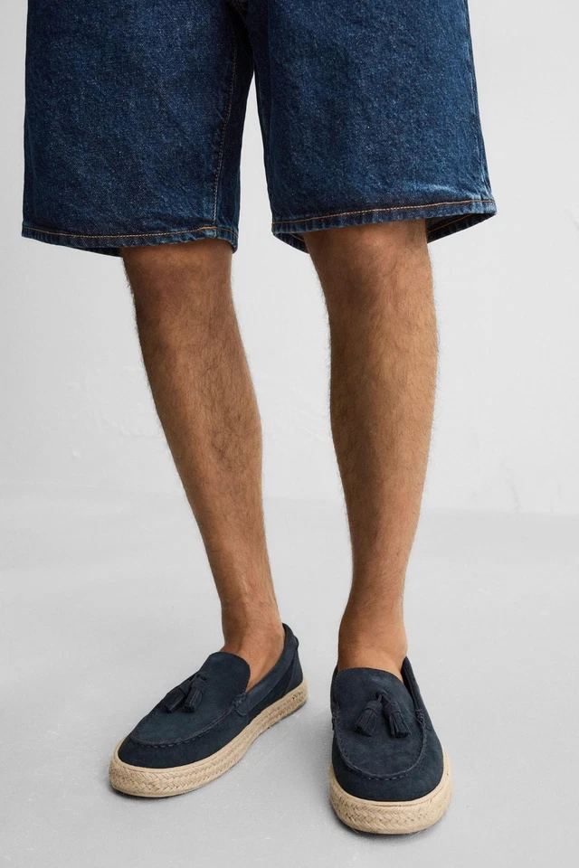 Zara Blue Leather Jute Loafers — Navy