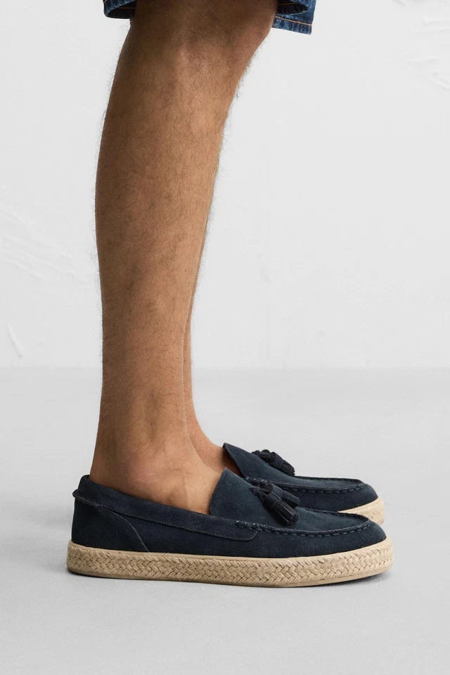 Zara Blue Leather Jute Loafers — Navy