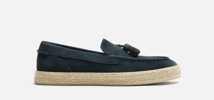 Zara Blue Leather Jute Loafers — Navy