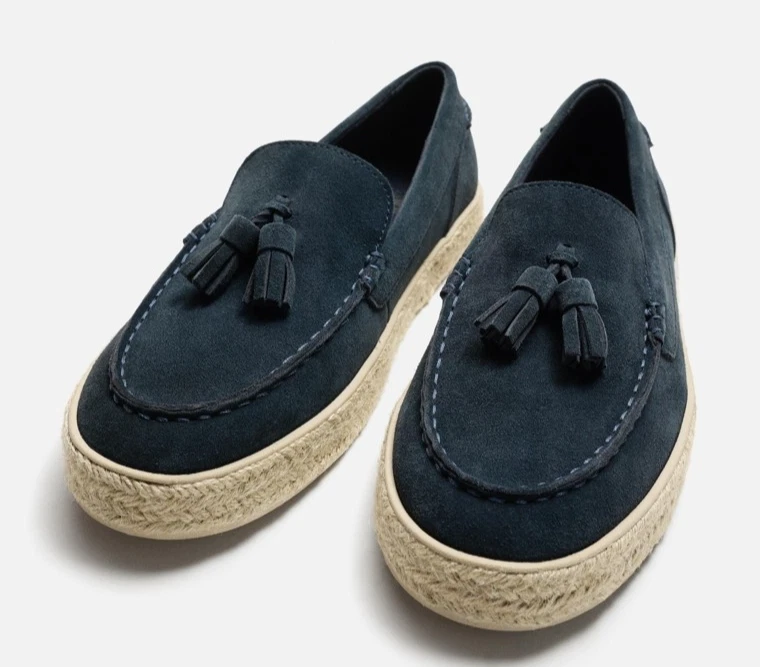 Zara Blue Leather Jute Loafers — Navy