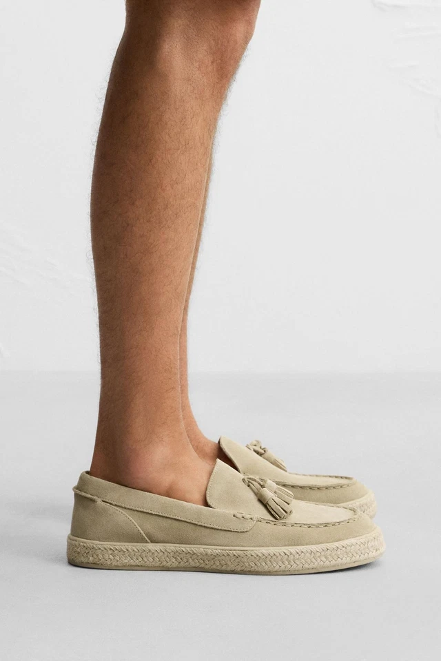 Zara Blue Leather Jute Loafers — Cream