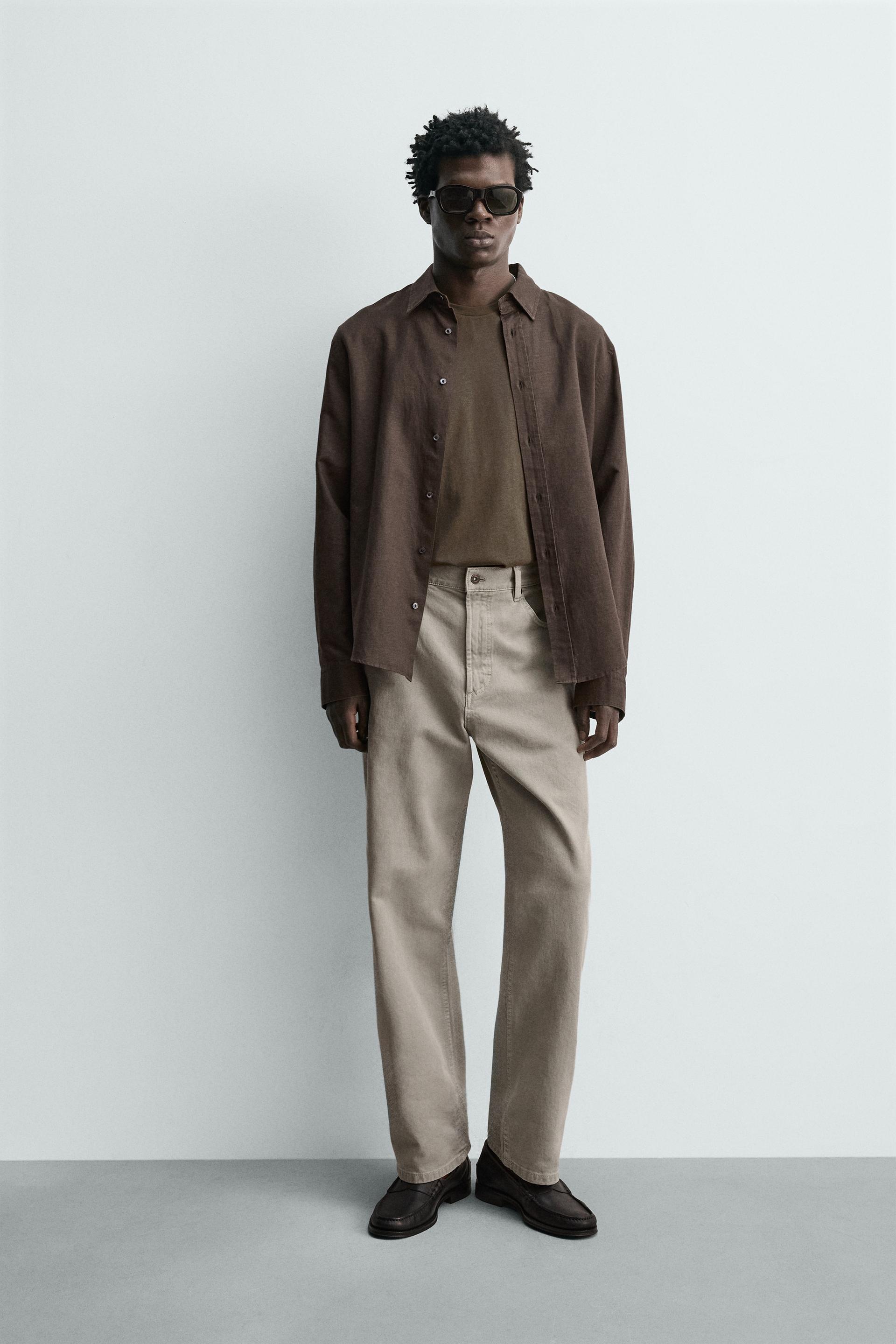 Zara HEMP-COTTON REGULAR FIT SHIRT — Brown