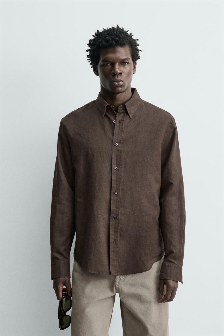 Zara HEMP-COTTON REGULAR FIT SHIRT — Brown